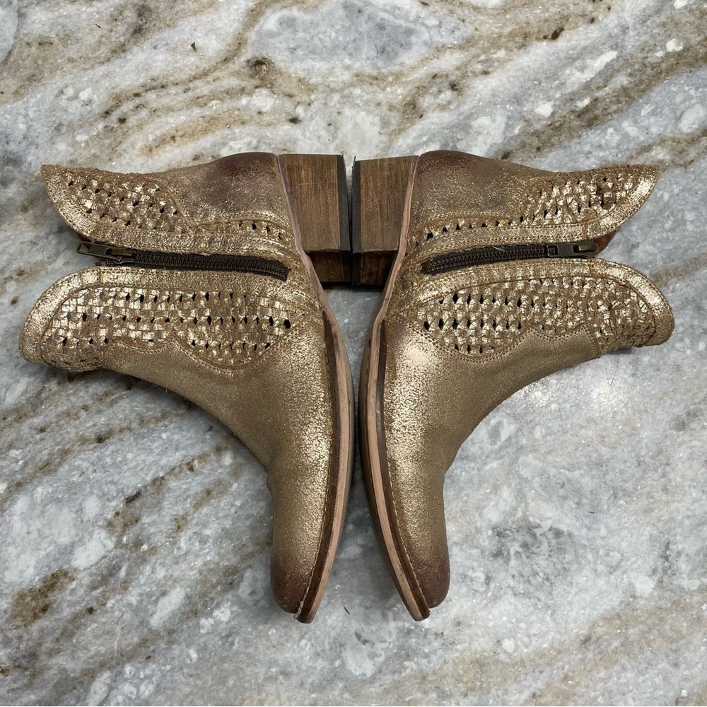 Seychelles, Flip a Coin Gold Suede Cowboy Bootie Distressed Leather - Picture 5 of 11
